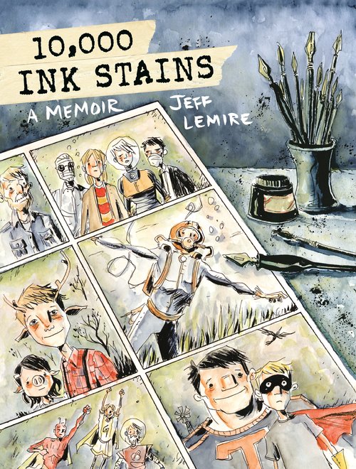 Cover of 10,000 Ink Stains memoir with a comic image page drawn on the front