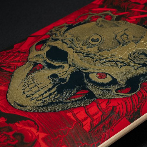 upclose of skull knight image on skate deck