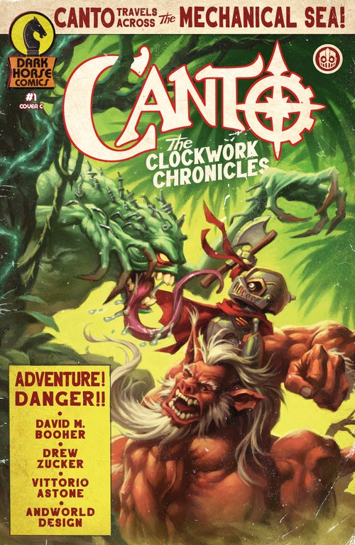 Variant Cover of Canto The Clockwork Chronicles featuring Canto in an older style adventure comic fighting two monsters at once