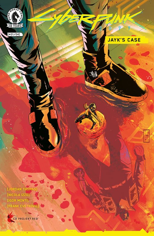 Jayk is depicted on the Main cover of Cyberpunk 2077 Jayk's Case i1 by series artist Nicola Izzo by his feet, his body reflected in a pool of blood