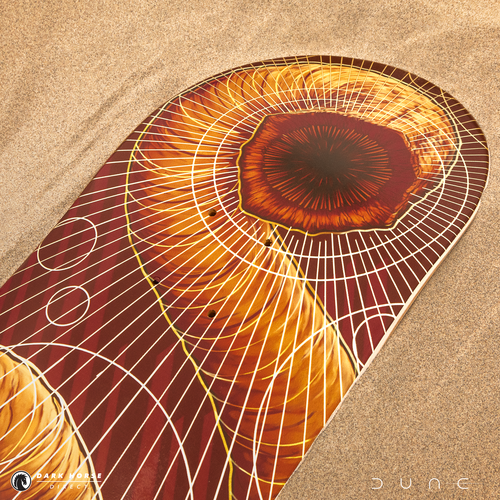Close up zoom of the top of the DUNE ShaiHulud Skate Deck featuring the head of the sandworm