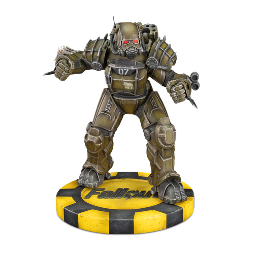 Front display of NCR Armor figure on Fallout logo atop a yellow vegas-style poker chip