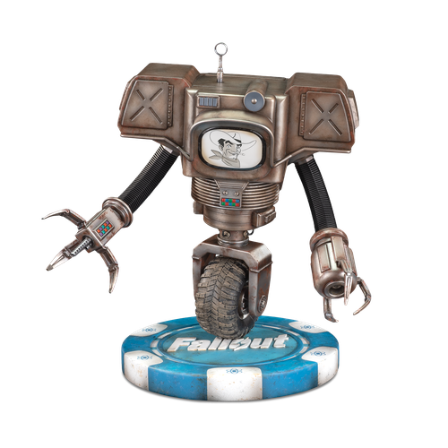 Front display of Securitron robot figure on Fallout logo atop a blue Vegas-style poker chip