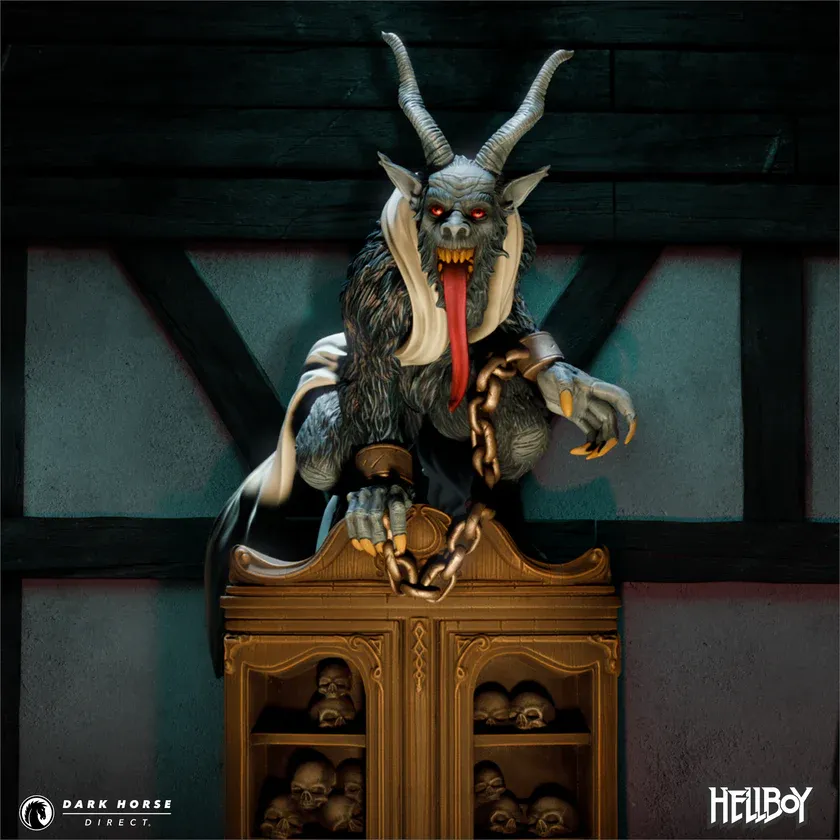 Image of Krampus statue featuring Krampus looming over a bookshelf