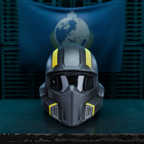 Helldivers 2 Tactical Helmets 1:1 Wearable forward facing in front of Super Earth Flag