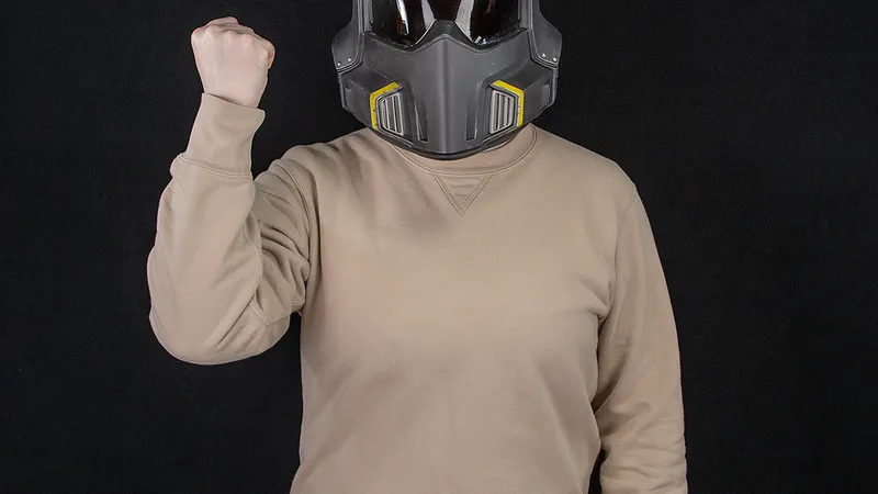 Helldivers 2 Tactical Helmets 1:1 Wearable forward facing on a persons head to demonstrate Helldivers 2 Tactical Helmets 1:1 Wearable forward facing on a persons head to demonstrate