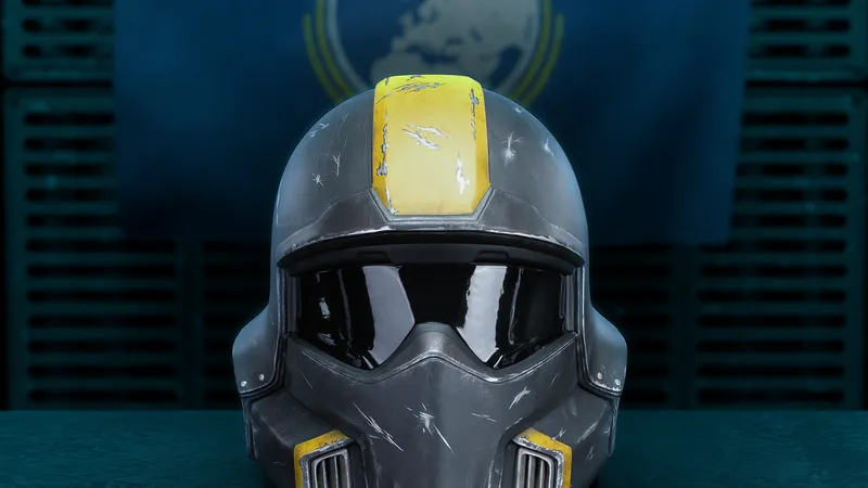 Helldivers 2 B-01 Tactical Helmet 1:1 Wearable in front of Super Earth Flag Helldivers 2 B-01 Tactical Helmet 1:1 Wearable in front of Super Earth Flag