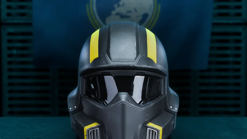 Helldivers 2 Tactical Helmets 1:1 Wearable forward facing in front of Super Earth Flag Helldivers 2 Tactical Helmets 1:1 Wearable forward facing in front of Super Earth Flag