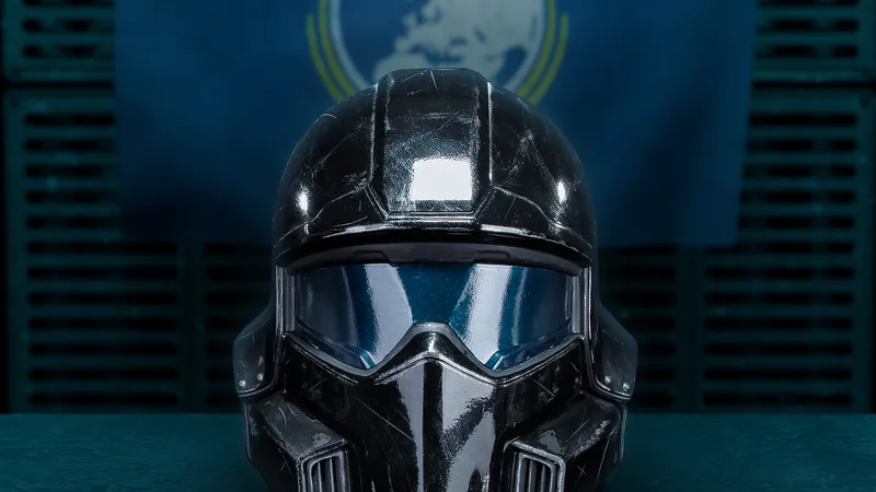 Helldivers 2 Tactical Helmet B-22 Model Citizen 1:1 Wearable forward facing in front of Super Earth Flag Helldivers 2 Tactical Helmet B-22 Model Citizen 1:1 Wearable forward facing in front of Super Earth Flag