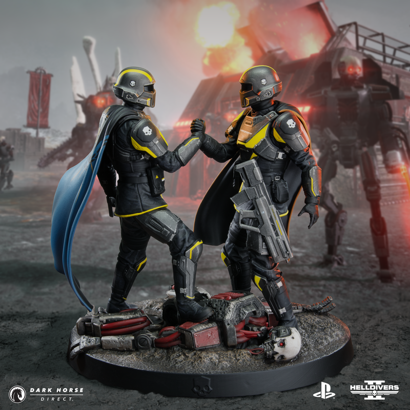 enviornmental shot of helldivers statue on the battlefield