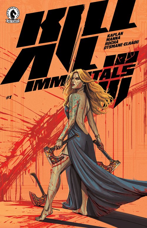 Main Character Freya stands ready with her axes near a smattering of blood in an elegant dress on the cover of this issue #1