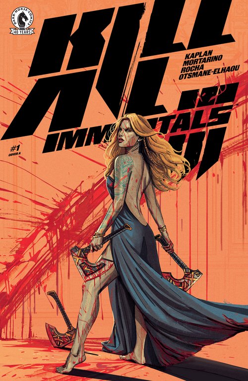 Main Cover of issue 1 of Kill All Immortals 3 featuring Frey Asvald and her two axes in blood splattered dress with art by Oliver Barrett
