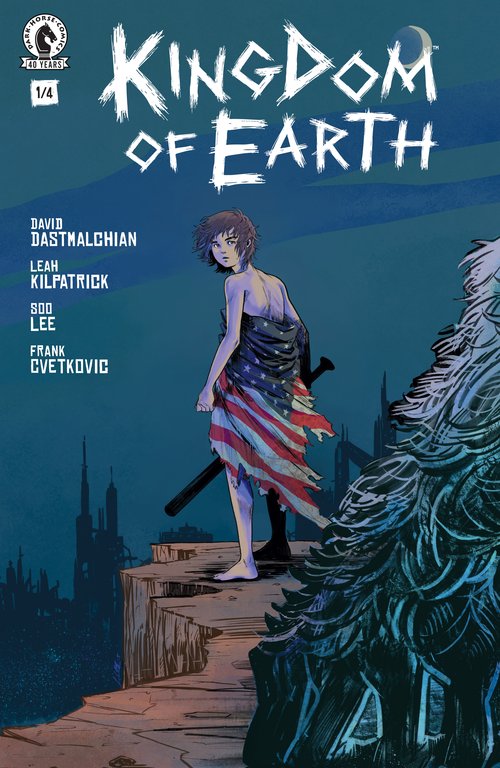 Cover of issue #1 of Kingdom of Earth featuring a young person with a bat wrapped in a torn American flag