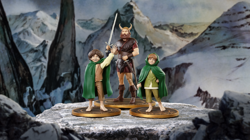 Group of the second set of figures from the animated Lord of The Rings in snowy mountain enviornment