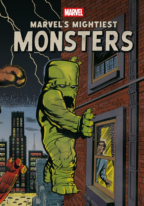 Cover of Marvel's Mightiest Monsters depicts several monsters reaching out towards a building with a man inside looking terrified
