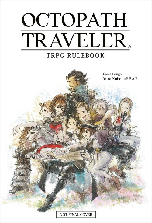 Cover for Octopath Traveler Rulebook features many iconic characters seated around a book looking jovial