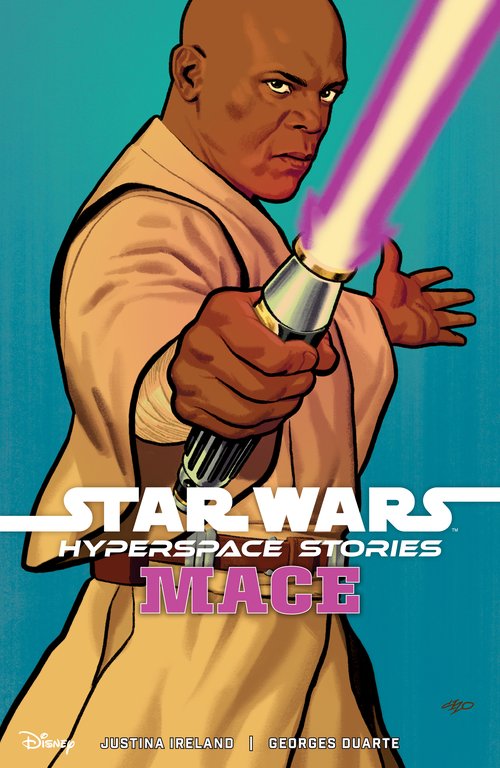 Mace Windu, Jedi Knight, stands with his hands apart, holding his purple lightsaber, determined. The text "Star WArs Hyperspace Stories: Mace" reads below"