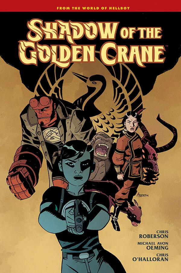 Cover of the Shadow of the Golden Crane HC with Hellboy and B.P.R.D. standing on the cover