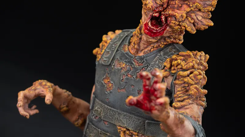 Close up of Clicker Bust with blood on hand and face