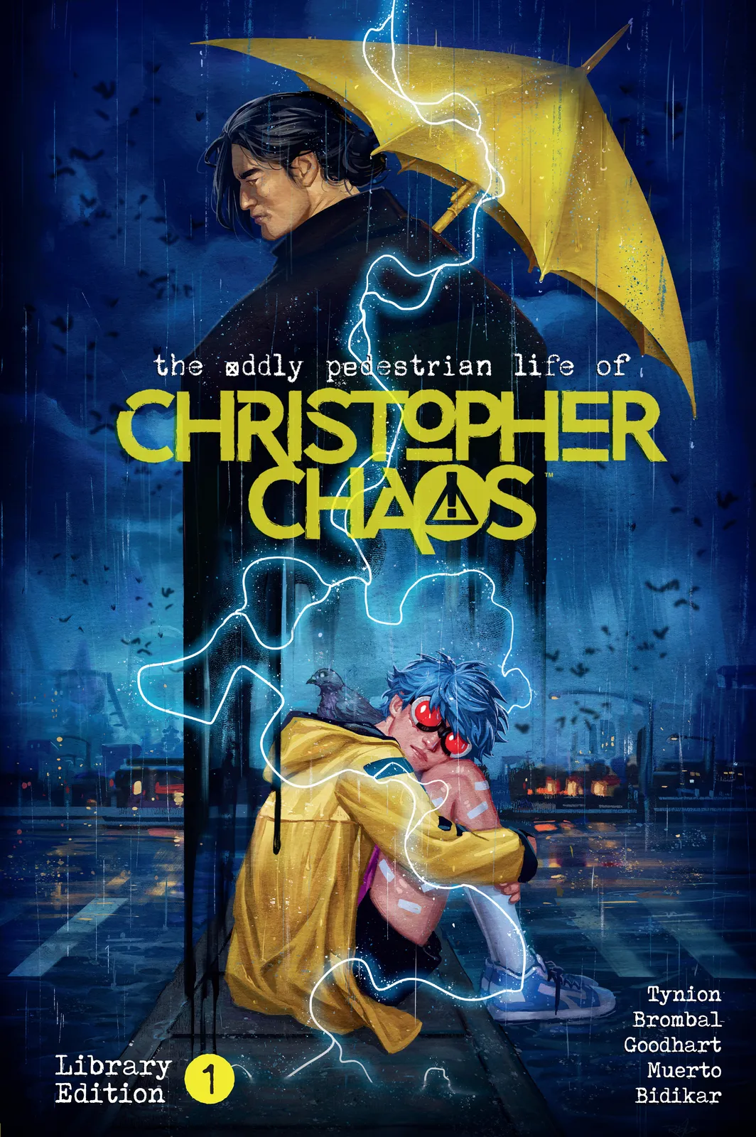 cover of The oddly pedestrian life of christopher chaos with christopher on the ground in the rain looking distraught while a man in dark clothes looms above him with a yellow umbrella