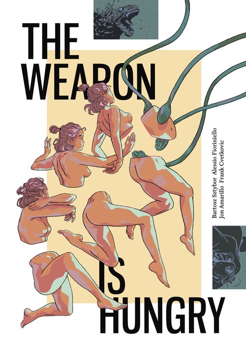 Cover for The Weapon is Hungry featuring a deconstructed human separated in many different ways with some umbilical type cords attached