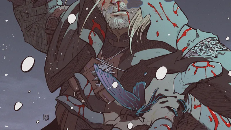 The Witcher Compact Cover drawing his blade holding a torn winged Butterfly, covered in blood
